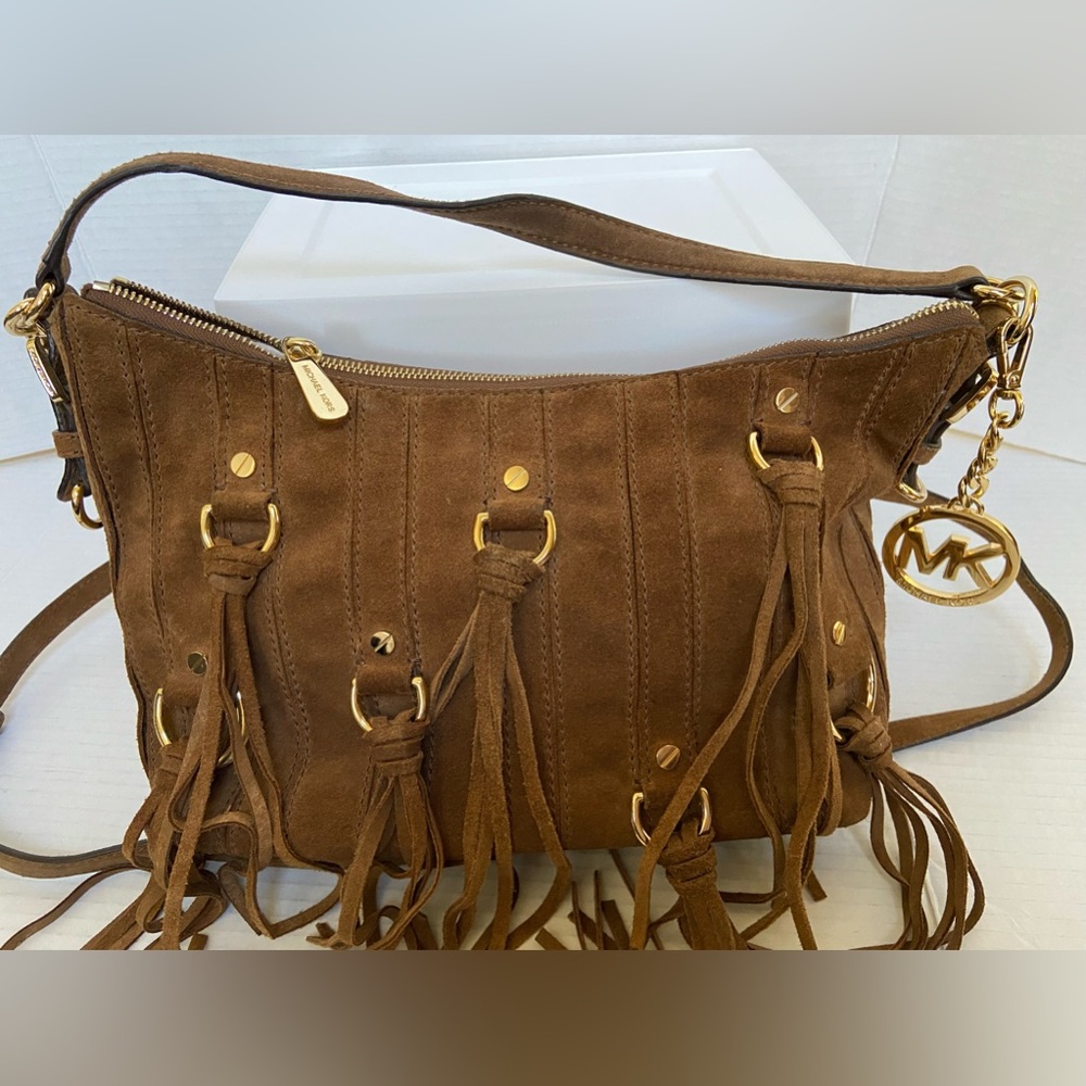 Michael Kors Presley Suede Hobo Bag Medium Gold Chain Brown Fringe Leather